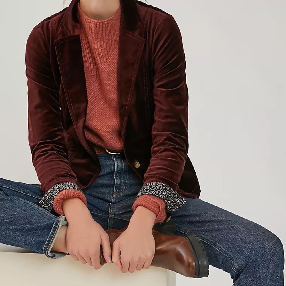 Anthropologie Maeve Alistair Velvet Blazer in Burgundy Size 10